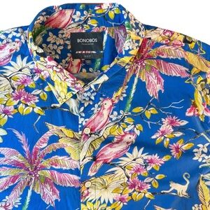 Bonobos XXL Tropical Birds Cotton Shirt Slim Fit Blue Floral Resort Hawaiian